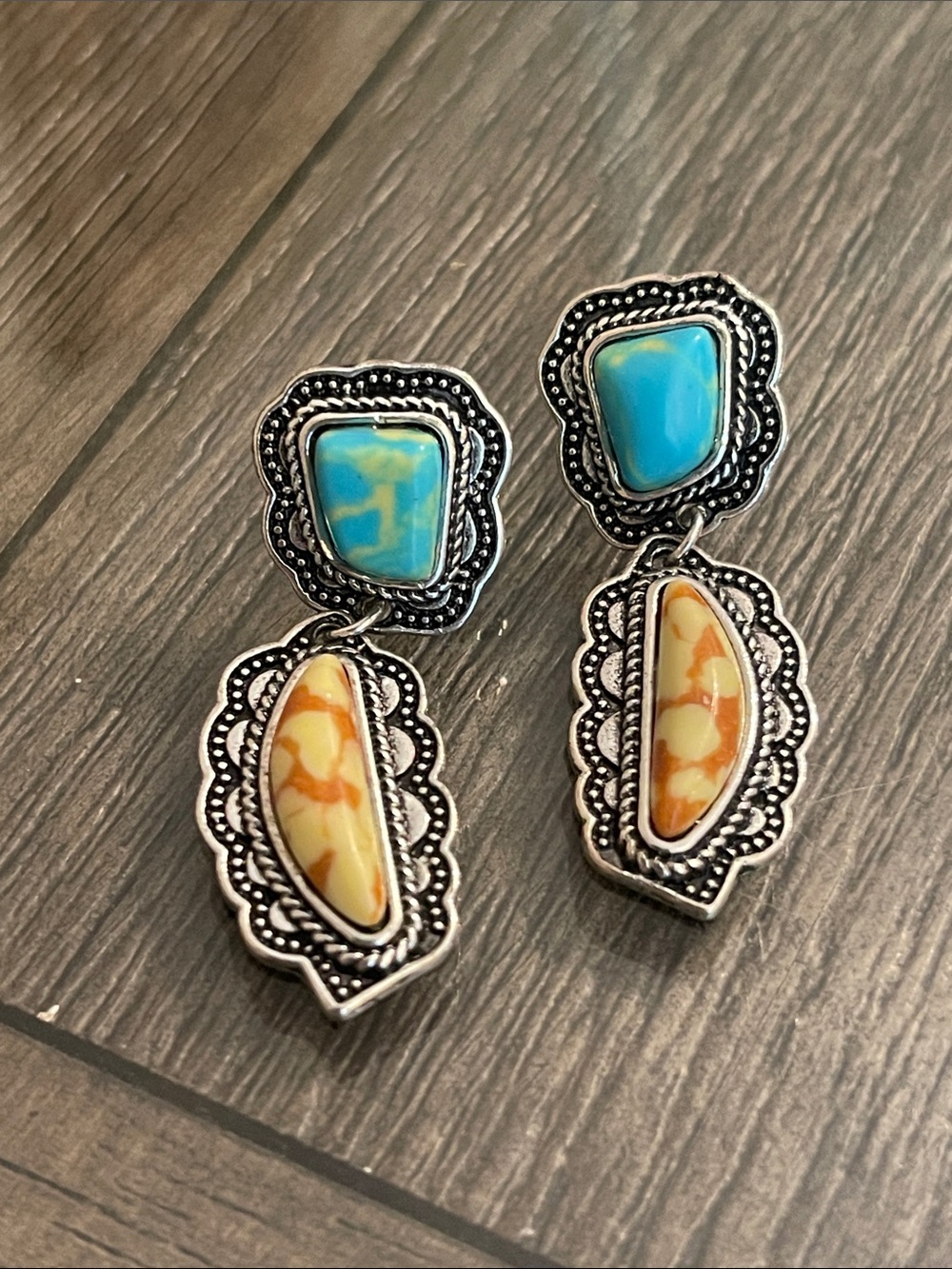 Vintage Style Southwestern Concho Double Drop Earrings Turquoise Colored Stone